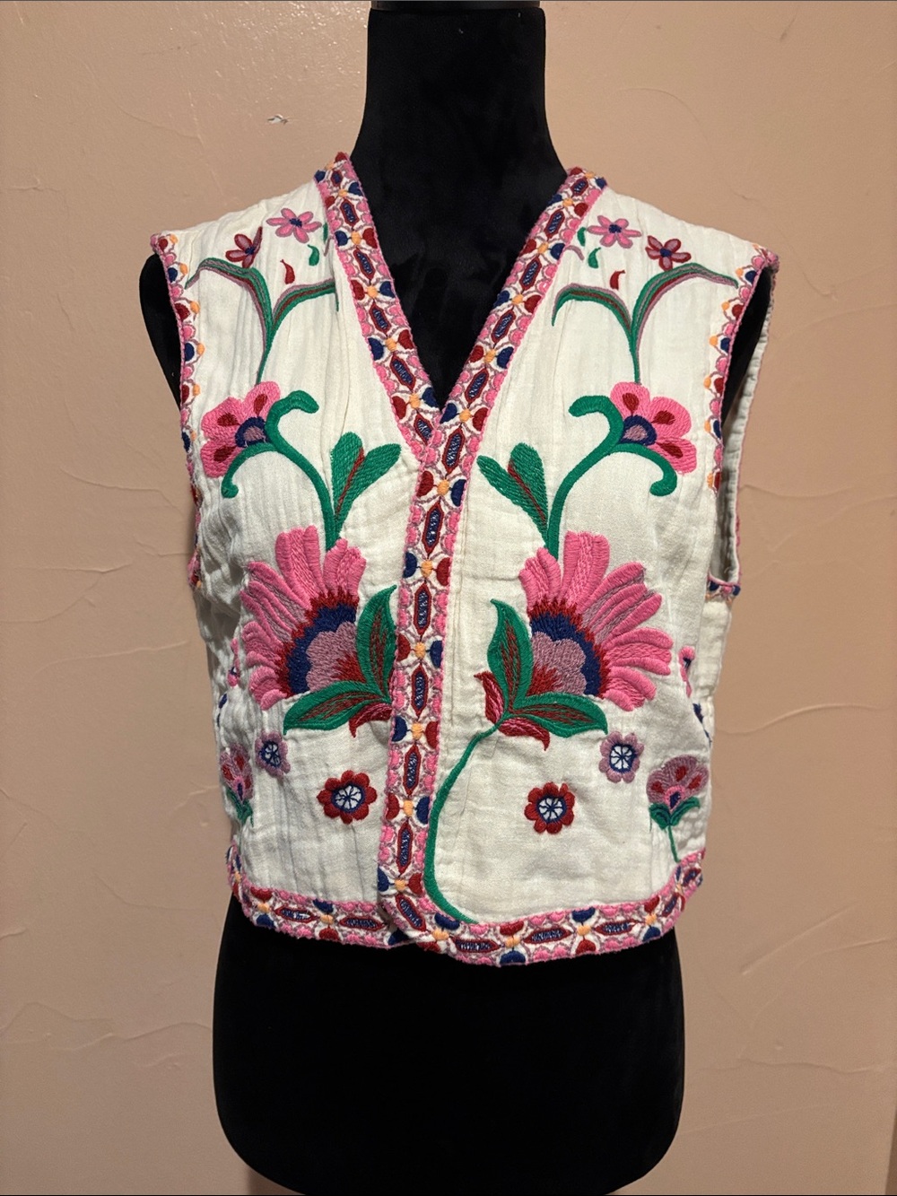 Embroidered Floral White Cotton Vest with Pink & Green Accents